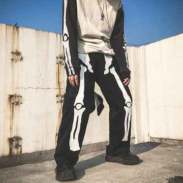 Znbbw Gothic Skull Skeleton Print Jeans 2023 Men High Waist Loose Straight Denim Pants Lovers Couple Street Casual Trousers